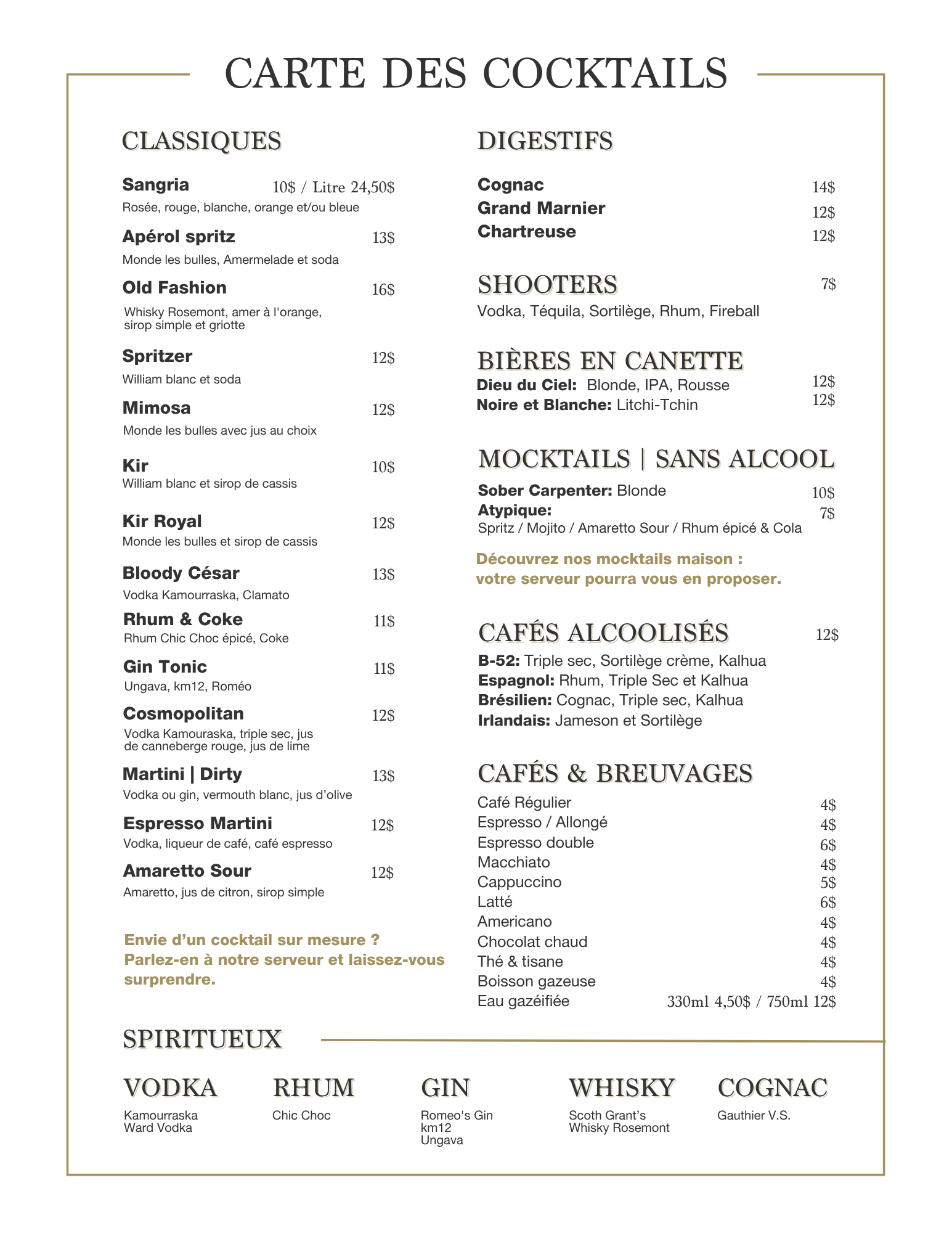 menu cocktail